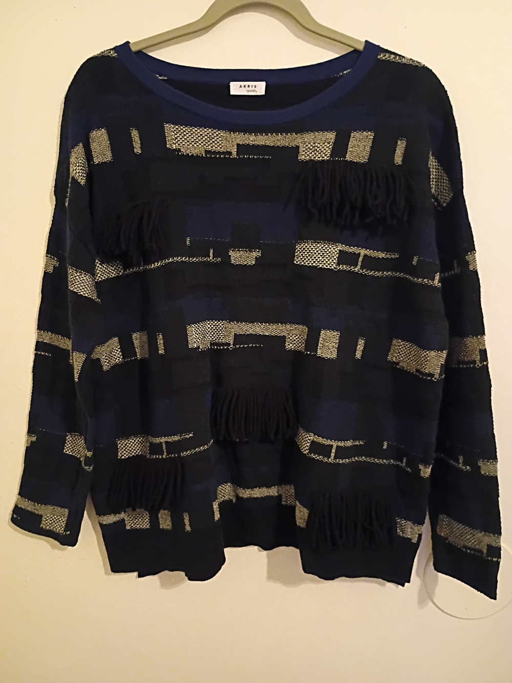 Akris Navy Sweater with Gray Patchwork And Black Fringe Accents‎ Sz 6